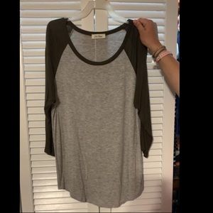 Gray raglan/baseball tee with olive sleeves